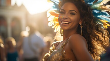 Lady moving within the road amid Carnival Celebration. Friends enjoying brazilian carnival within the summer