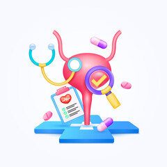 Bladder health care with doctor. Pills, Document form board and stethoscope with check mark in magnifying glass looking diagnosis floating on cross medical symbols. 3d cartoon icon organ vector.