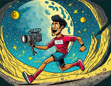 Filmmaker running on the moon with a video camera, comic book style. Generative AI. © Munwar