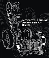 motorcycle engine vector line art illustration, gear piston belting system blueprint sketch - obrazy, fototapety, plakaty