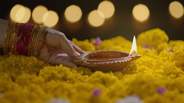 Clay diya lamps lit during diwali celebration, Diwali, or Deepavali, is India's biggest and most important holiday..
