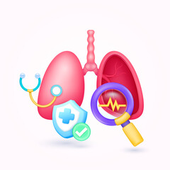 Lungs health check up with doctor. Yellow heart pulse in magnifying glass looking lung diagnosis and shield symbol cross, check mark button. Medical health care. 3d icon organ anatomy cartoon vector.