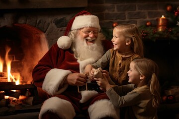Obraz premium Santa Claus sharing a hearty laugh with children by a crackling fireplace, stockings hung, and tree twinkling