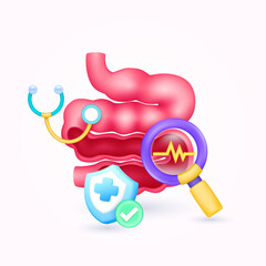 Small intestine health check up with doctor. Yellow heart pulse in magnifying glass looking intestine diagnosis and shield symbol cross, check mark button. Medical health care. 3d icon organ vector.