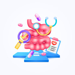 Small intestine health care with doctor. Pills, Document form board and stethoscope with check mark in magnifying glass looking diagnosis floating on cross medical symbols. 3d icon organ vector.