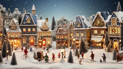 A festive holiday village display with miniature houses and figures