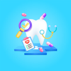 Tooth health care with doctor. Pills, Document form board and stethoscope with check mark in magnifying glass looking diagnosis floating on cross medical symbols. 3d cartoon icon organ vector.