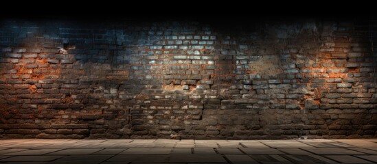 Photo displayed in the background of a road showcasing an aged brick wall - obrazy, fototapety, plakaty
