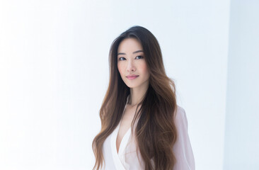 Fototapeta premium Portrait of a young beautiful Korean woman with long hair