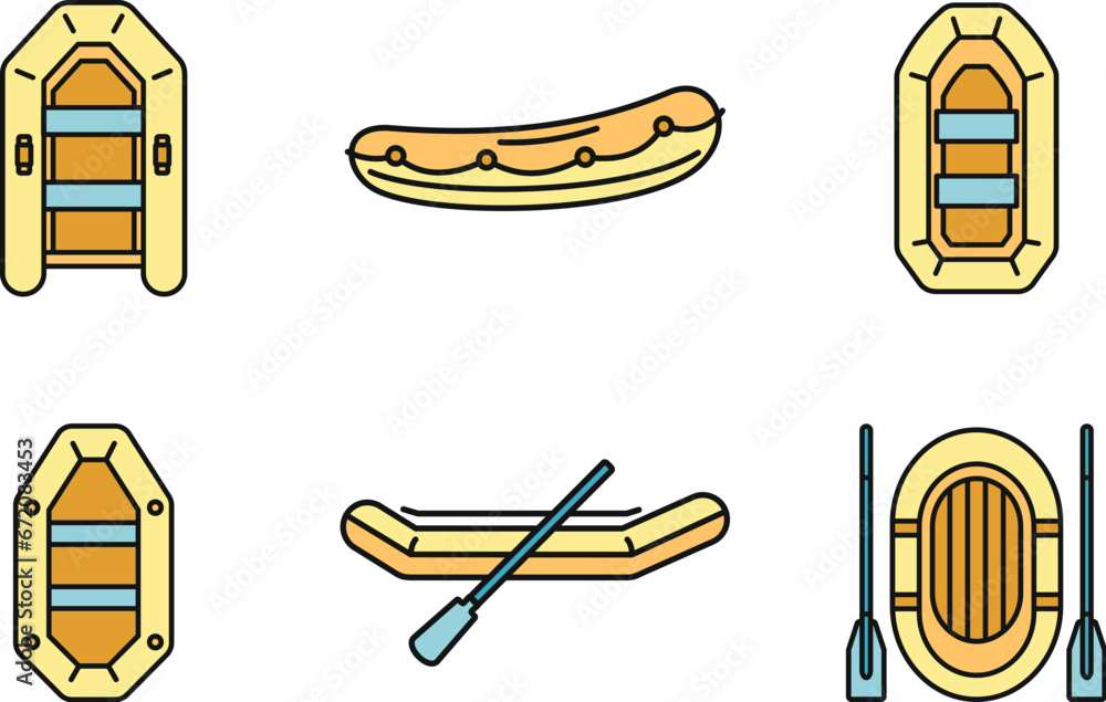 Poster rubber inflatable boat icon set. outline set of rubber inflatable boat vector icons thin line color 