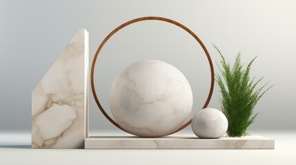 Minimalist cosmetics mockup featuring a white marble geometric background designed to showcase stone and wood and grass. 
