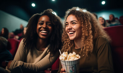 Obraz na płótnie Canvas two friends at a cinema watching a film together