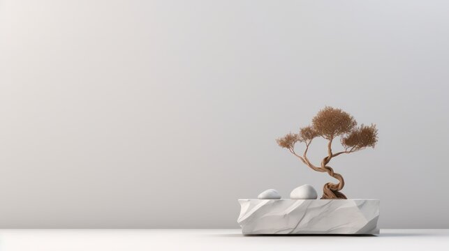 Minimalist cosmetics mockup featuring a white marble geometric background designed to showcase stone and wood and grass. 