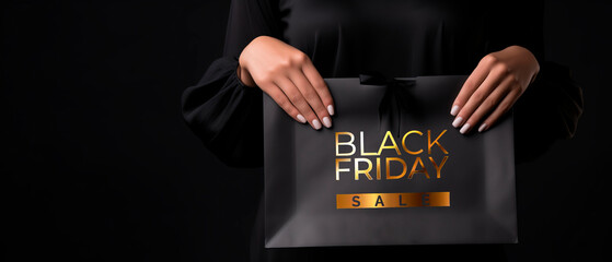 Woman in elegant black dress holding shopping bag