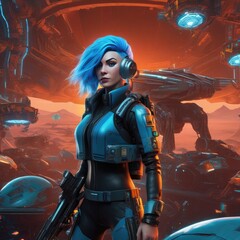 Obraz premium A girl on another planet with a gun defends a research base
