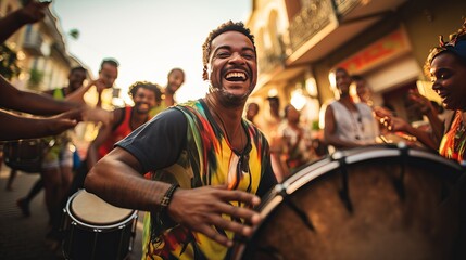 Tambourines being played within the roads amid a samba execution at the Brazilian road carnival - Powered by Adobe