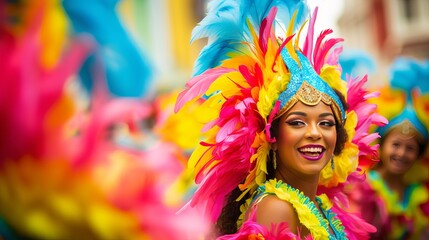 Theoretical see of samba artists in colorful frilled ensembles at a daytime Carnival road party - obrazy, fototapety, plakaty