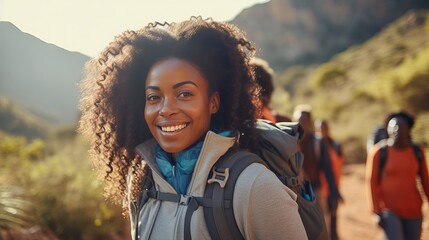 Upbeat youthful african lady eating sandwich and grinning whereas unwinding with companions amid climb. Gather of climbers taking break amid nation climb - obrazy, fototapety, plakaty