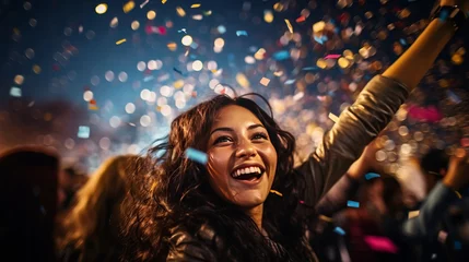 Fototapete Brasilien Upbeat dressed individuals celebrating at carnival party tossing confetti - Youthful companions having fun together at fest occasion - Youth, hangout, happy and joy concept