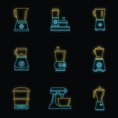 Food processor blender icon set. Outline set of food processor blender vector icons neon color on black