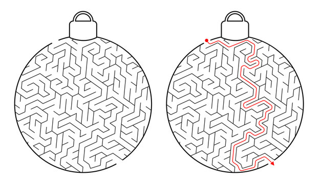 Maze Christmas ball. Labyrinth. Christmas tree toy. Simple flat vector illustration isolated on white background. Black and white vector