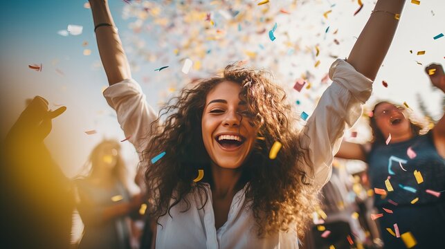 Upbeat dressed individuals celebrating at carnival party tossing confetti - Youthful companions having fun together at fest occasion - Youth, hangout, happy and joy concept
