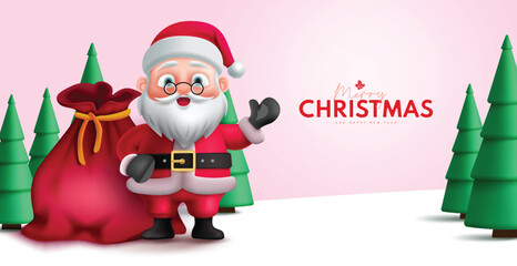 Christmas santa claus character vector design. Merry christmas greeting text with santa claus character standing and waving in winter outdoor background. Vector illustration holiday season invitation 