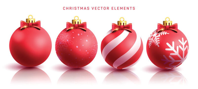 Christmas red balls vector set design. Christmas red ball ornament with elegant shiny and glitter for xmas season decoration. Vector illustration sphere elegant elements collection.

