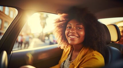 Youthful african lady driving the car with her companions having fun within the car. Insane youthful female companions having parcels of fun on street trip