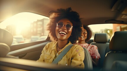 Youthful african lady driving the car with her companions having fun within the car. Insane youthful female companions having parcels of fun on street trip - obrazy, fototapety, plakaty