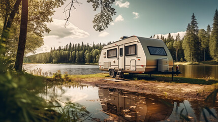 Fototapeta na wymiar Trailer of mobile home or recreational vehicle stand.