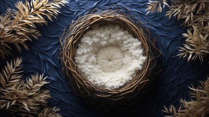 Cane nest with white cream fur digital backdrop for newborn with blue background - obrazy, fototapety, plakaty