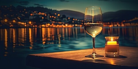 Obraz premium Wine glass reflecting tropical beach sunset. Evening elegance by beach at dusk. Twilight toast with ocean background