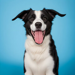 Close-up of a Crossbreed dog in front of a blue background. A happy black and white Terrier mixed breed dog looking up at the camera.