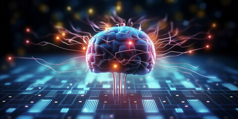 Neural circuit and electronic cyber brain in a quantum computing system, artificial intelligence technology, biotechnology and machine learning concept - obrazy, fototapety, plakaty