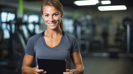 Portrait of smiling woman, planning or personal trainer with a tablet for fitness training, workout or sports exercise.