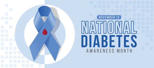 November is national diabetes awareness month - Blue ribbon with red drop of blood awareness sign on half white and soft blue circle ring background vector design - obrazy, fototapety, plakaty