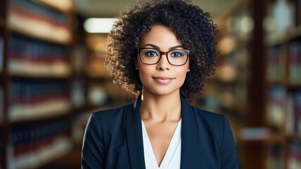 Successful female graduate juridical specialist standing against bookshelf.

