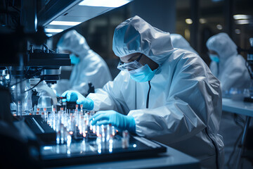 Scientist with mask examine samples under a microscope.