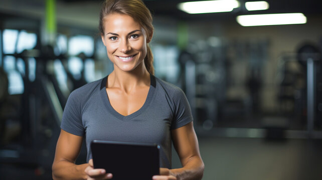Portrait of smiling woman, planning or personal trainer with a tablet for fitness training, workout or sports exercise.
