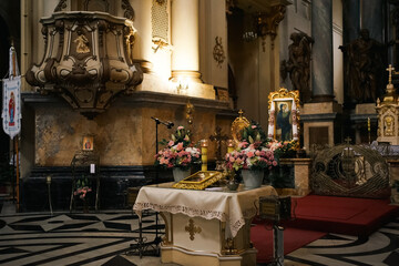 The interior of the Greek Catholic Church, throne, iconostasis and other church objects.