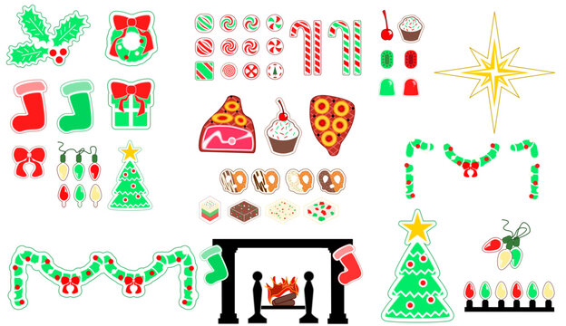 An illustrated collection of Christmas holiday themed items and foods.