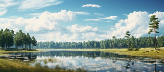 A vintage film aesthetic captures the essence of a bright day with a blue sky dotted with clouds displaying an empty marshland scenery The landscape features water ponds and petite pine tree