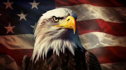 Bald eagle against the flag of the Unites States of America