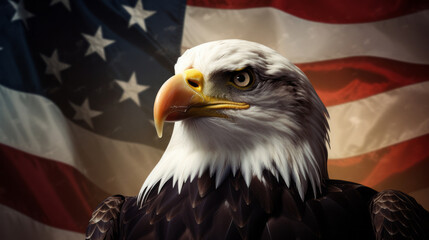 Bald eagle against the flag of the Unites States of America