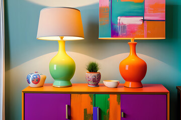Colorful living room, commode with lamp of vibrant gentle calming. Table lamp. 3d rendering