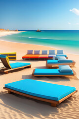 Fototapeta premium Sunbeds in a row on the beach, summer mood,generated by Ai