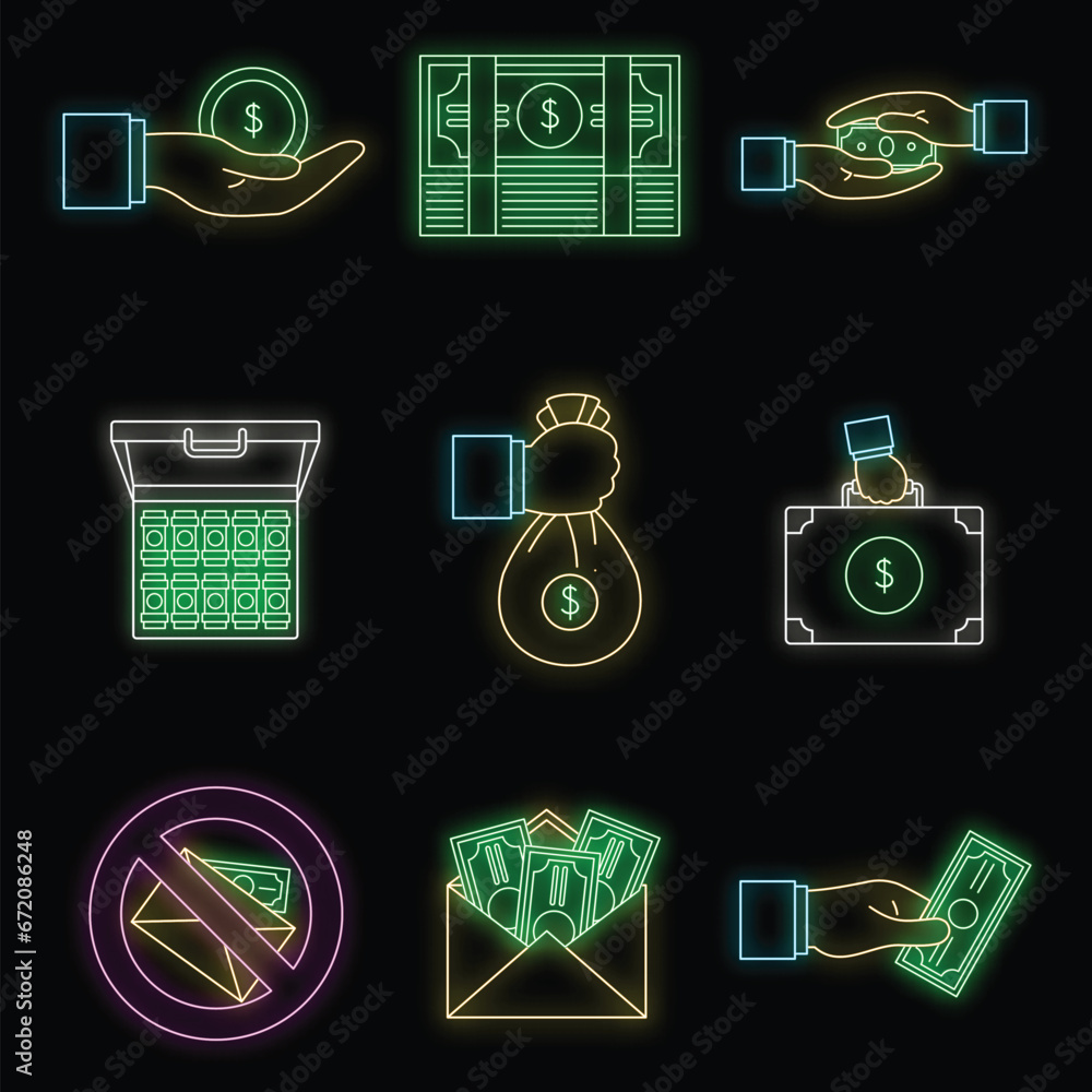 Poster bribery corrupt practices icon set. outline set of bribery corrupt practices vector icons neon color