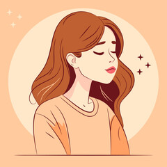 A cute girl in a sweater, with voluminous long hair and her eyes closed in pleasure. Vector illustration. Side view.