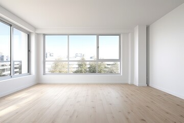 Fototapeta premium Empty modern room with white walls and large windows Minimalist interior design in a luxury apartment The space is clean and contemporary by Generative AI